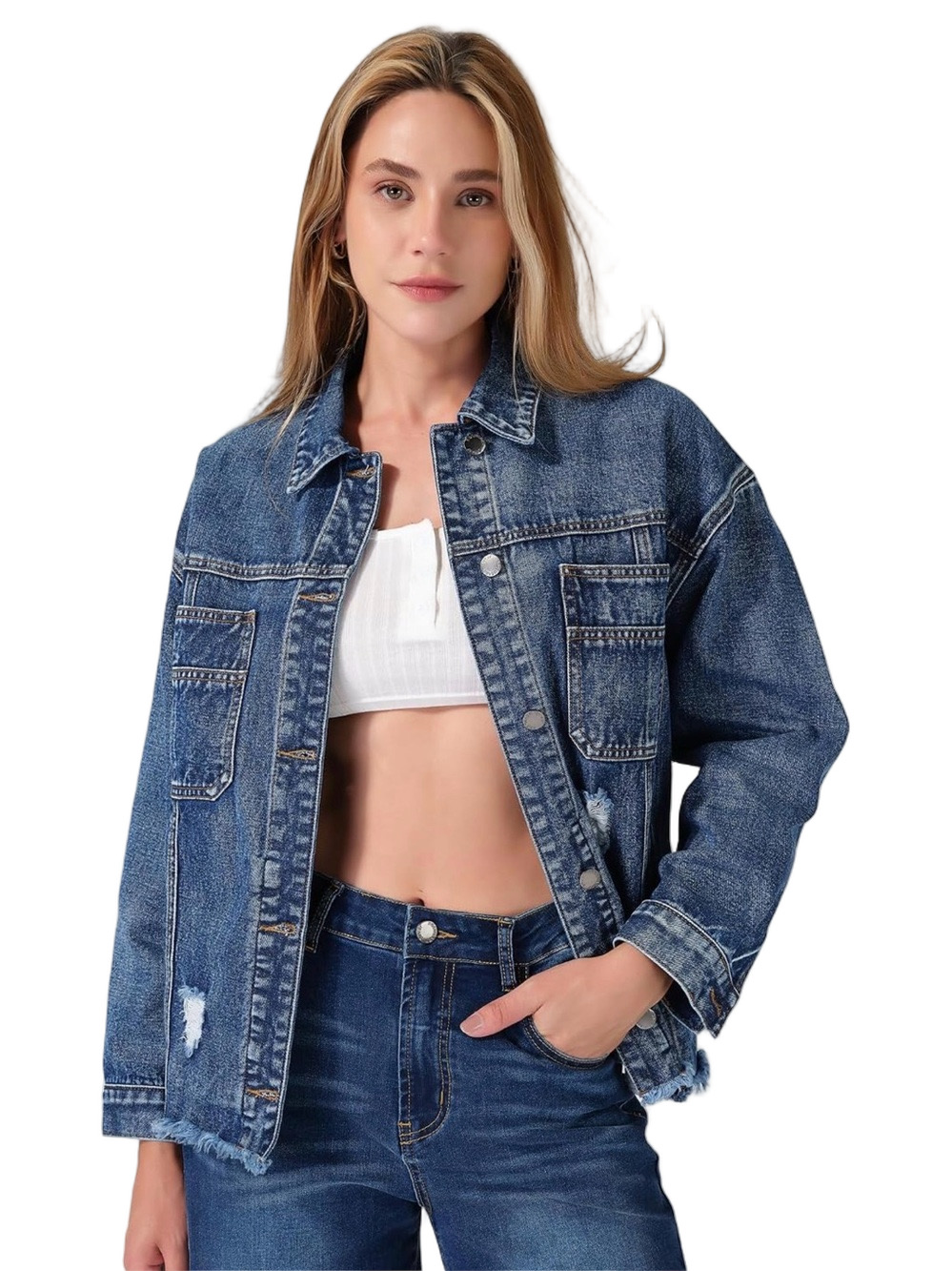 🪗ROSWEAR oversized Blue distressed Denim Jacket size M NWT